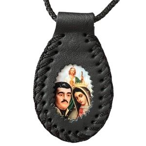 Guadalupe, St Jude, Jesus Malverde Scapular Necklace Black Leather Rope Knotted